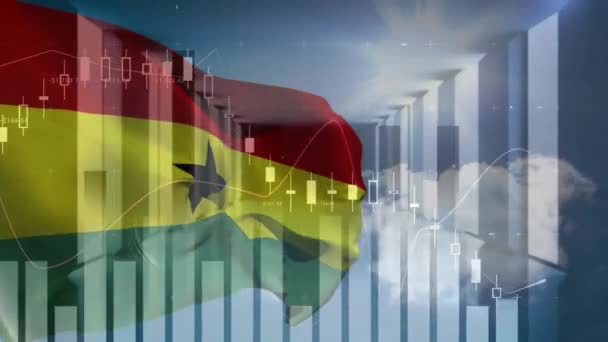Анимация Статистики Обработки Финансовых Данных Над Флагом Ганы Концепция Глобального — стоковое видео