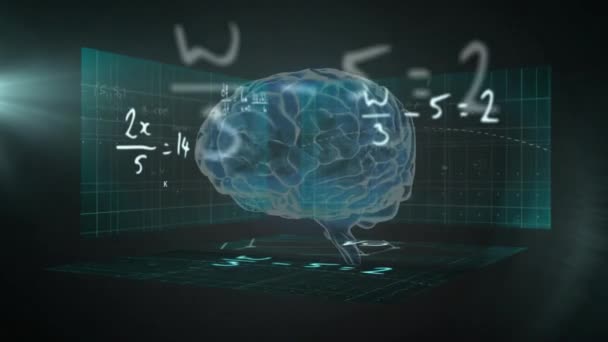 数字人脑在抽象背景下的数学方程和图解的动画 数字生成的全息图 解剖学 人工智能和技术 — 图库视频影像