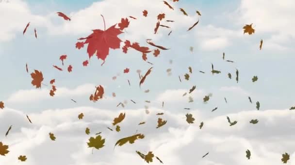 Animace Padajícího Listí Přes Husté Mraky Modrém Pozadí Digitální Kompozitní — Stock video