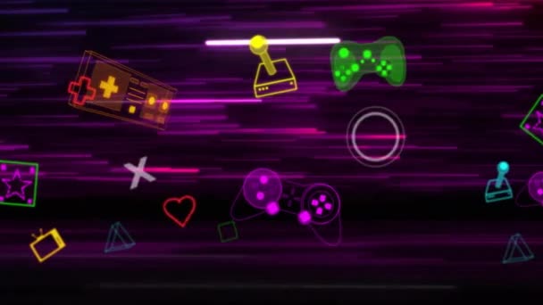 Animazione Icone Videogiochi Motivo Neon Sfondo Nero Concetto Globale Videogioco — Video Stock
