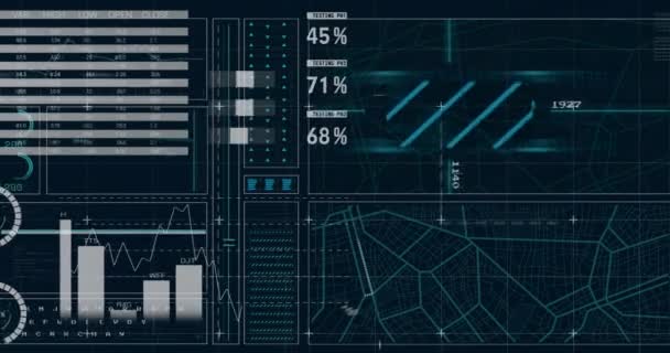 Animation Der Karte Über Diagrammen Und Datenverarbeitung Auf Schwarzem Hintergrund — Stockvideo