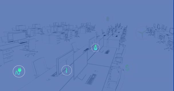オフィスのデジタルワークスペースの3Dモデルにわたる持続可能なエネルギーアイコンのアニメーション デジタル生成 ホログラム イラスト 再生可能 リサイクル デスク コンピュータ ブループリント グリーン技術 — ストック動画