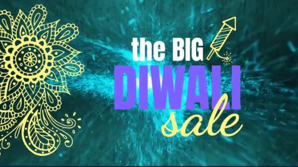 在绿色背景上的印象派图案上的大型Diwali销售文本动画 全球销售 Diwali 庆祝和传统概念数字制作的视频 — 图库视频影像