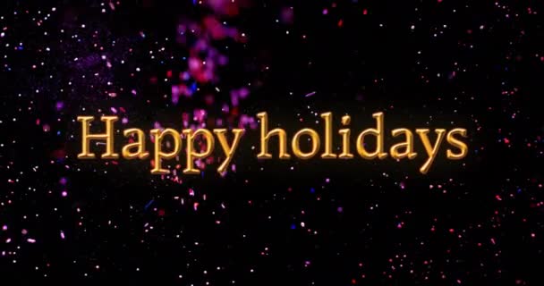 Animacja Szczęśliwych Świąt Tekst Nad Spadające Kulki Konfetti Powierzchni Czarnym — Wideo stockowe