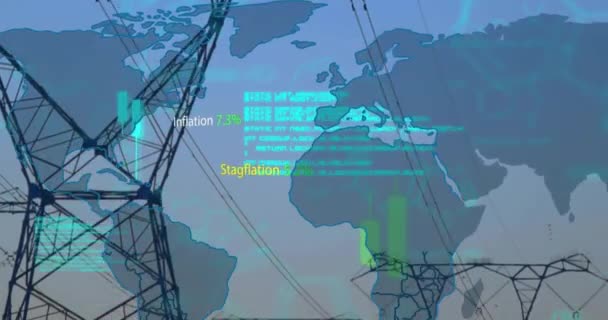 Animering Finansiell Databehandling Med Världskarta Över Elstolpar Globala Finanser Energi — Stockvideo