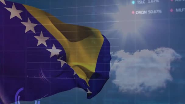 Bosna Herzegovina Bayrağı Üzerinde Finansal Veri Işleme Animasyonu Küresel Bilgisayar — Stok video