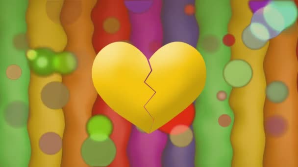 Анимация Разбитых Икон Желтого Сердца Красочных Пятен Красочном Полосатом Фоне — стоковое видео