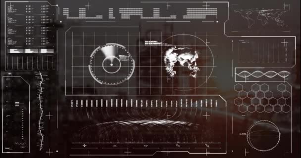 Animazione Mappa Globo Barre Carico Onde Sonore Edifici Moderni Contro — Video Stock