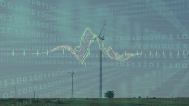 Animation Multicolored Graphs Binary Codes Windmills Sky Digital Composite Multiple — Stock Video