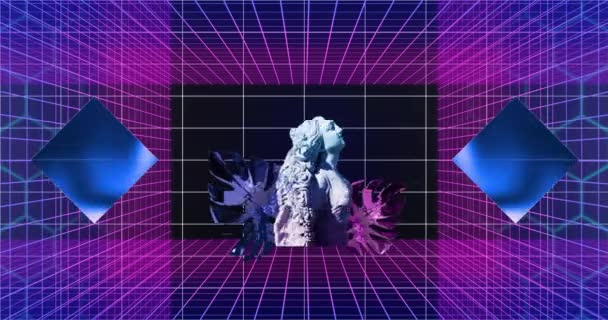 ロンボウスのアニメーション 黒い背景にグリッドパターンを持つ葉の上の女性の像 デジタル生成 ホログラム イラスト クリエイティブ アート 3次元コンセプト — ストック動画