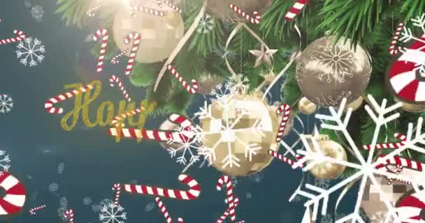 Анимация Праздничного Текста Конфетами Снежинками Падающими Елку Иллюстрация Рождественский Праздник — стоковое видео