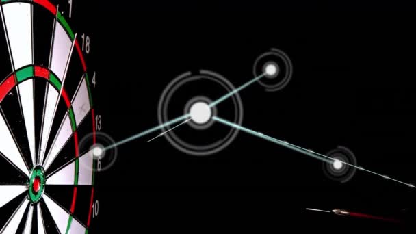 在慢动作飞镖击中板的中心与线条相连的点的动画 数字合成 多重曝光 准确性和竞争概念 — 图库视频影像