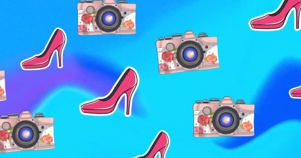 Animação Sapatos Salto Alto Vermelho Câmeras Fundo Abstrato Azul Moda — Vídeo de Stock
