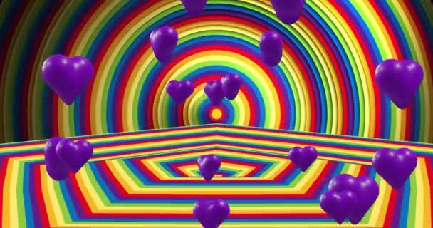 虹の円と六角形の上を飛んでいる多色の心臓形の風船のアニメーション デジタル複合 複数の露出 Lgbtqiaの権利 Lgbtqiaの文化 虹の旗とゲイのプライドシンボル — ストック動画