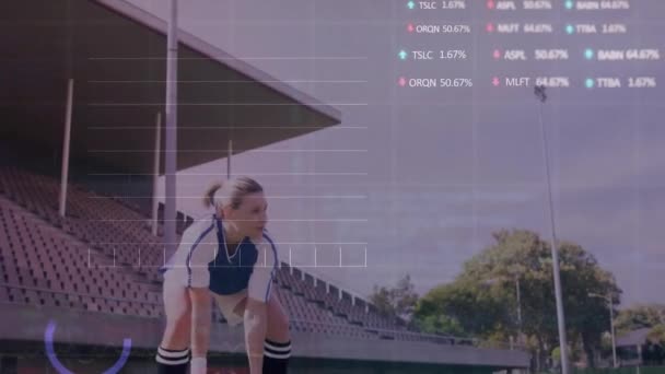 Animação Processamento Dados Financeiros Sobre Jogador Futebol Feminino Caucasiano Campo — Vídeo de Stock