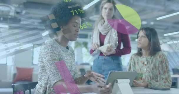 オフィス内の多様なビジネス女性に対する財務データ処理のアニメーション グローバルビジネス コンピューティング データ処理の概念デジタルで生成されたビデオ — ストック動画