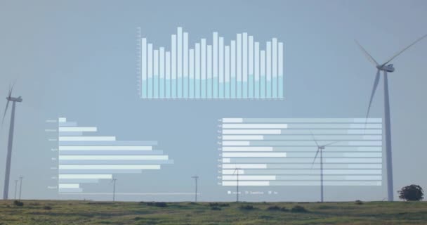 Animacja Przetwarzania Danych Wykresów Nad Turbinami Wiatrowymi Polu Globalna Koncepcja — Wideo stockowe