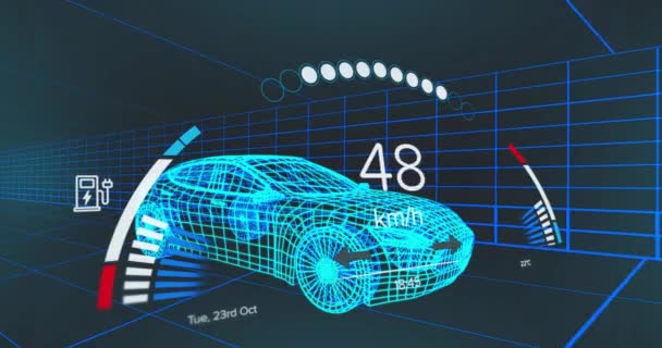 車の3Dモデルにわたるスピードメーターのアイコン テキスト 変化する数字のアニメーション デジタル生成 ホログラム イラスト 3次元 輸送コンセプト — ストック動画