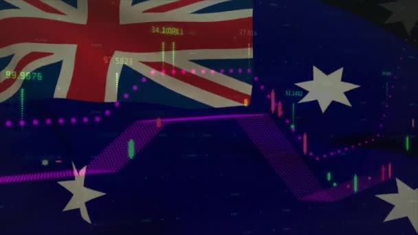 在澳大利亚国旗上进行统计和财务数据处理的动画制作 全球商业 计算和数据处理概念 — 图库视频影像