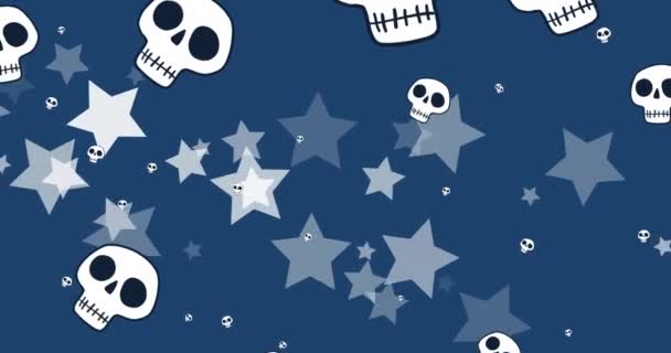 Animação Crânios Queda Várias Estrelas Sobre Fundo Azul Digitalmente Gerado — Vídeo de Stock