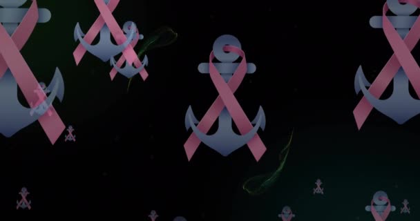 Animation Pink Ribbon Anchors Flying Lens Flares Black Background Digitally — Stock Video