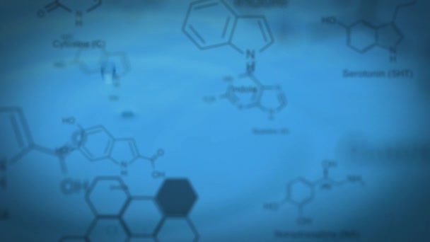 Animering Molekylstrukturer Över Vattendroppar Faller Vatten Mot Blå Bakgrund Digital — Stockvideo
