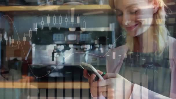 Animation Financial Data Processing Caucasian Woman Using Smartphone Shop Global — Stock Video