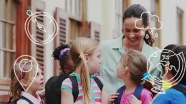 Okul eşyalarının animasyonu, çeşitli okul öğrencilerinin bayan öğretmenle konuşmaları üzerine. Küresel eğitim ve dijital arayüz kavramı, dijital olarak oluşturulmuş video.