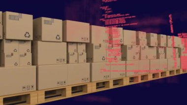 Karton kutuların animasyonu ve siyah arkaplan karşısında bilgisayar dili. Dijital bileşik, çoklu pozlama, kodlama, programlama dili, nakliyat, dağıtım ve teknoloji kavramı.