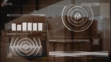 Grafik animasyonu, ses dalgası, profil simgeleri ve değişen numaralar depodaki karton kutular. Dijital bileşik, çoklu pozlama, rapor, iş, büyüme, nakliye ve dağıtım kavramı.