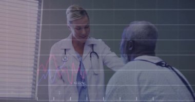 Değişen numaralarla birden fazla grafiğin animasyonu, çeşitli kadın doktorların hastalarla konuşması. Dijital bileşik, çoklu pozlama, rapor, iş, büyüme, tartışma ve sağlık konsepti.