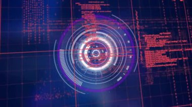 Siyah arkaplanda veri işleme üzerinde tarama kapsamı animasyonu. Küresel teknoloji, bilgisayar ve dijital arayüz kavramı dijital olarak oluşturulmuş video.