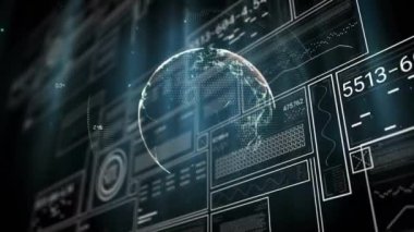 Grafiklerin animasyonu, çember ve çubukları soyut arkaplana karşı dünyanın dört bir yanındaki numaralar üzerinden yükleme. Dijital olarak üretilmiş, hologram, rapor, iş, büyüme, ilerleme ve küreselleşme kavramı.