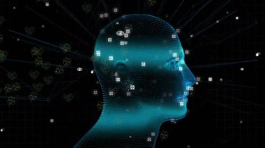 Siyah arka planda dönen insan modeli kafa ve veri işleme animasyonu. Tıp ve sağlık, araştırma, dijital arayüz ve teknoloji, dijital olarak üretilen video.