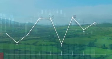 Manzara üzerinde finansal veri işleme animasyonu. Küresel finansman, iş ve dijital arayüz kavramı dijital olarak oluşturulmuş video.