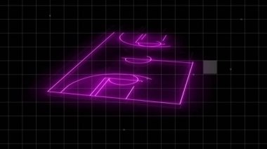 Siyah arkaplandaki karelerin üzerinde dijital neon alan animasyonu. Spor, bilgisayar ve teknoloji konsepti dijital olarak oluşturulmuş video.