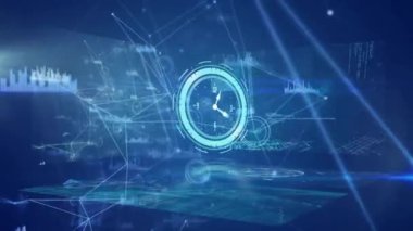 Saatin hareket ve veri işleme animasyonu. Küresel iş, bağlantılar, hesaplama ve veri işleme kavramı dijital olarak oluşturulmuş video.