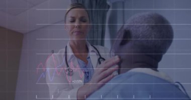 Değişen numaralarla birden fazla grafik animasyonu, çeşitli kadın doktorlar hastanın boynunu kontrol ediyor. Dijital bileşik, çoklu pozlama, rapor, iş, büyüme, tıbbi ve sağlık konsepti.
