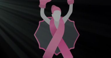 Siyah arka planda pembe kurdeleyle boks eldivenli bir kadının canlandırması. Dijital olarak üretilen hologram, illüstrasyon, dövüşçü, hastalık ve meme kanseri farkındalığı kavramı.