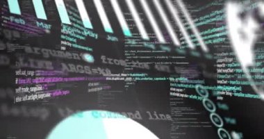 Grafiklerin animasyonu, bilgisayar dili ve siyah arkaplan üzerinde dönen dünya. Dijital olarak üretilmiş, hologram, illüstrasyon, küreselleşme, rapor, iş dünyası, kodlama, programlama dili, teknoloji.