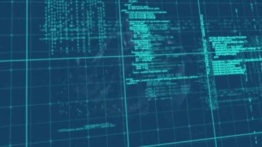 Dünyanın dört bir yanındaki simgelerin, şebeke kalıplarının ve bilgisayar dilinin soyut arkaplan üzerinde canlandırılması. Dijital olarak üretilmiş, hologram, illüstrasyon, iş dünyası, küreselleşme, kodlama ve teknoloji kavramı.