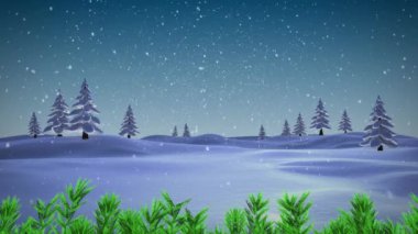 Kış manzarasında ağaçların üzerine düşen yeşil dalların ve karın animasyonu. Noel şenliği ve kutlama konsepti