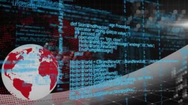 Dünya üzerinde veri işleme animasyonu. Küresel finans, iş, bağlantılar, hesaplama ve veri işleme kavramı dijital olarak oluşturulmuş video.
