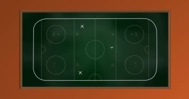 Turuncu arka plandaki spor sahasında ok, daire ve x sembollerinin animasyonu. Dijital olarak oluşturulmuş, hologram, illüstrasyon, strateji, oyun planı, vektör ve rekabet kavramı.
