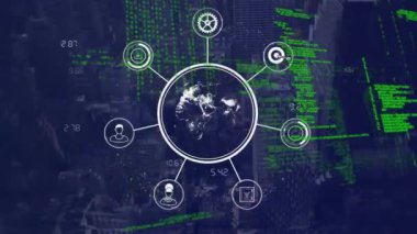 Soyut arkaplan üzerinde akış şeması, dünya ve bilgisayar programlama dili animasyonu. Dijital bileşik, çoklu pozlama, küreselleşme, iletişim, kodlama ve teknoloji kavramı.