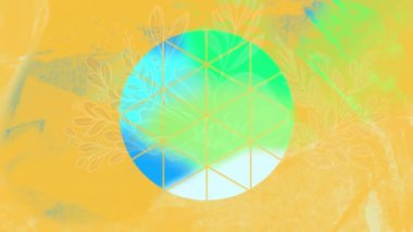 Sarı arka planda bitkilerin ve renkli şekillerin canlandırılması. Soyut arkaplan ve şablon kavramı, dijital olarak oluşturulmuş video.