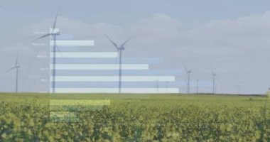 Sahadaki rüzgar türbinlerinin üzerindeki veri işleme ve diyagramlarının animasyonu. Küresel iş ve ekoloji kavramı, dijital olarak üretilen video.