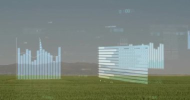 Kırsal alanda finansal veri işleme animasyonu. Küresel çevre, iş ve veri işleme kavramı dijital olarak oluşturulmuş video.