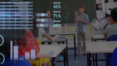 Bilgi arayüzü animasyonu, öğrencilere yel değirmeni modelini açıklayan çeşitli çocuk. Dijital bileşik, çoklu pozlama, rapor, iş, küresel, çocukluk ve eğitim kavramı.