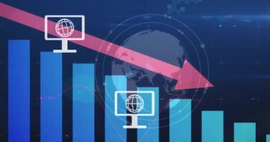 Dünya ve çubuklar üzerine düşen grafikler üzerine bilgisayar simgelerindeki dünya animasyonları. Dijital olarak üretilmiş, hologram, rapor, iş, kayıp, azalma, küreselleşme ve teknoloji kavramı.